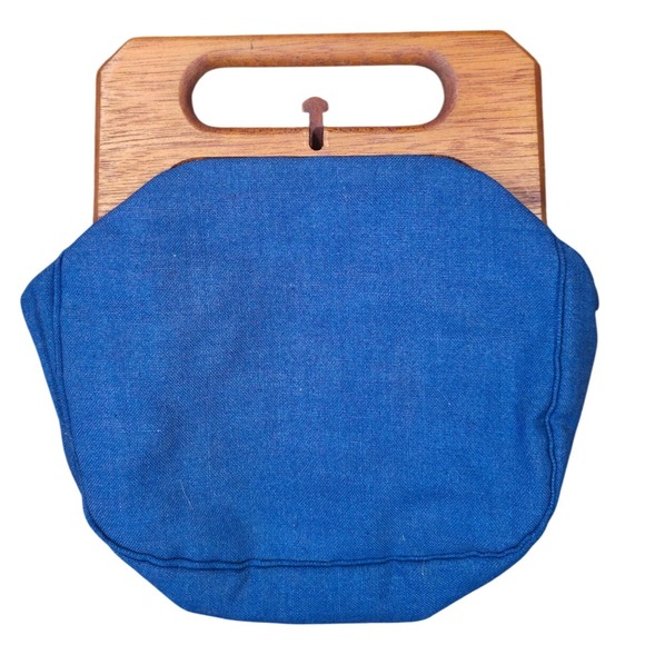 Vintage Trimmingham's Bermuda Bag Blue Fabric Purse Wooden Handle 1970s - Picture 1 of 8